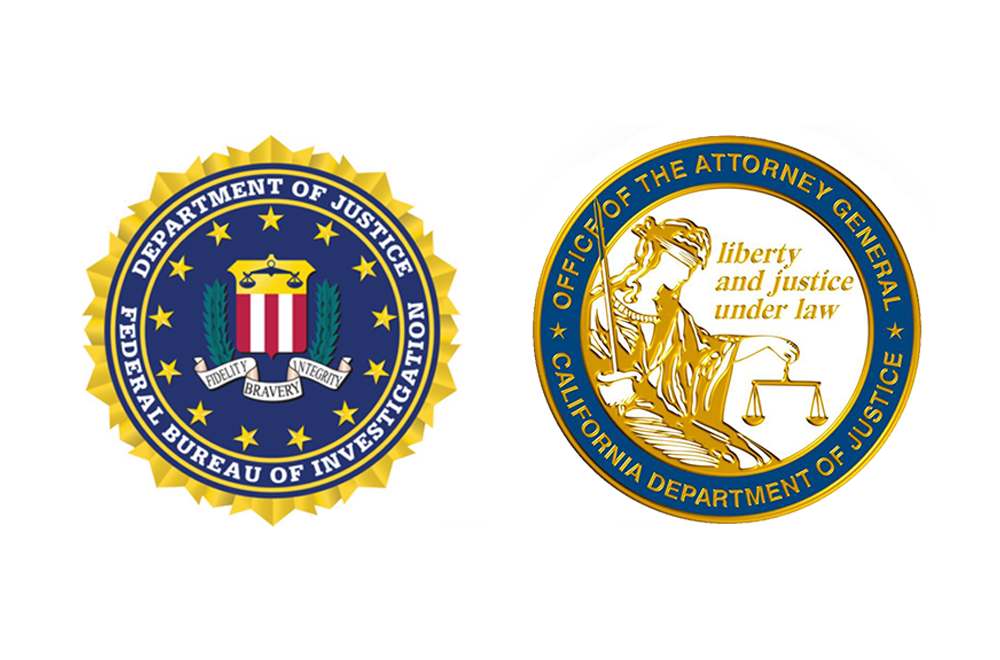 Two agency seals, for Department of Justice, FBI and the CA Department of Justice